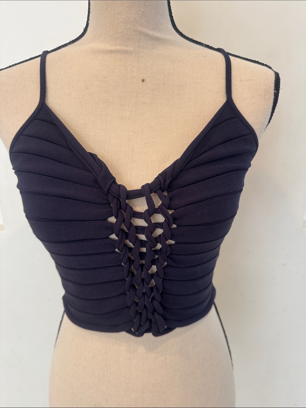 Dion Lee Strappy Lustrate Knit Central Braided Front Crop Cami Top NWT Navy